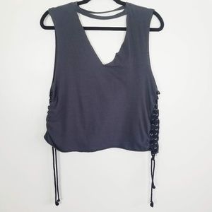 Charcoal Gray Strappy Deep V Tie-Side Tank Top MD